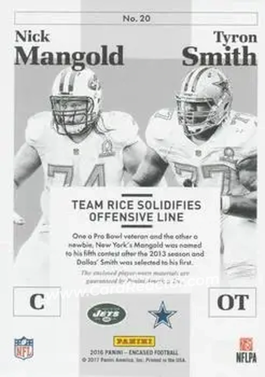 2016 Panini Encased - Pro Bowl Dual Materials #20 - Nick Mangold - Tyron Smith MEM, SN49 - New York Jets - Dallas Cowboys - Back 2016 Panini Encased - Pro Bowl Dual Materials #20 - Nick Mangold - Tyron Smith MEM, SN49 - New York Jets - Dallas Cowboys - Back