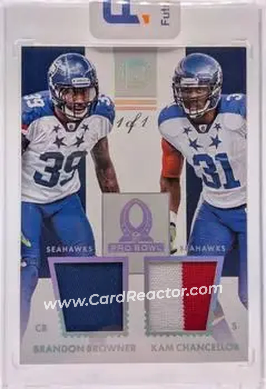 2016 Panini Encased - Pro Bowl Dual Materials Platinum #21 - Kam Chancellor - Brandon Browner MEM, SN1 - Seattle Seahawks - Seattle Seahawks - Front 2016 Panini Encased - Pro Bowl Dual Materials Platinum #21 - Kam Chancellor - Brandon Browner MEM, SN1 - Seattle Seahawks - Seattle Seahawks - Front