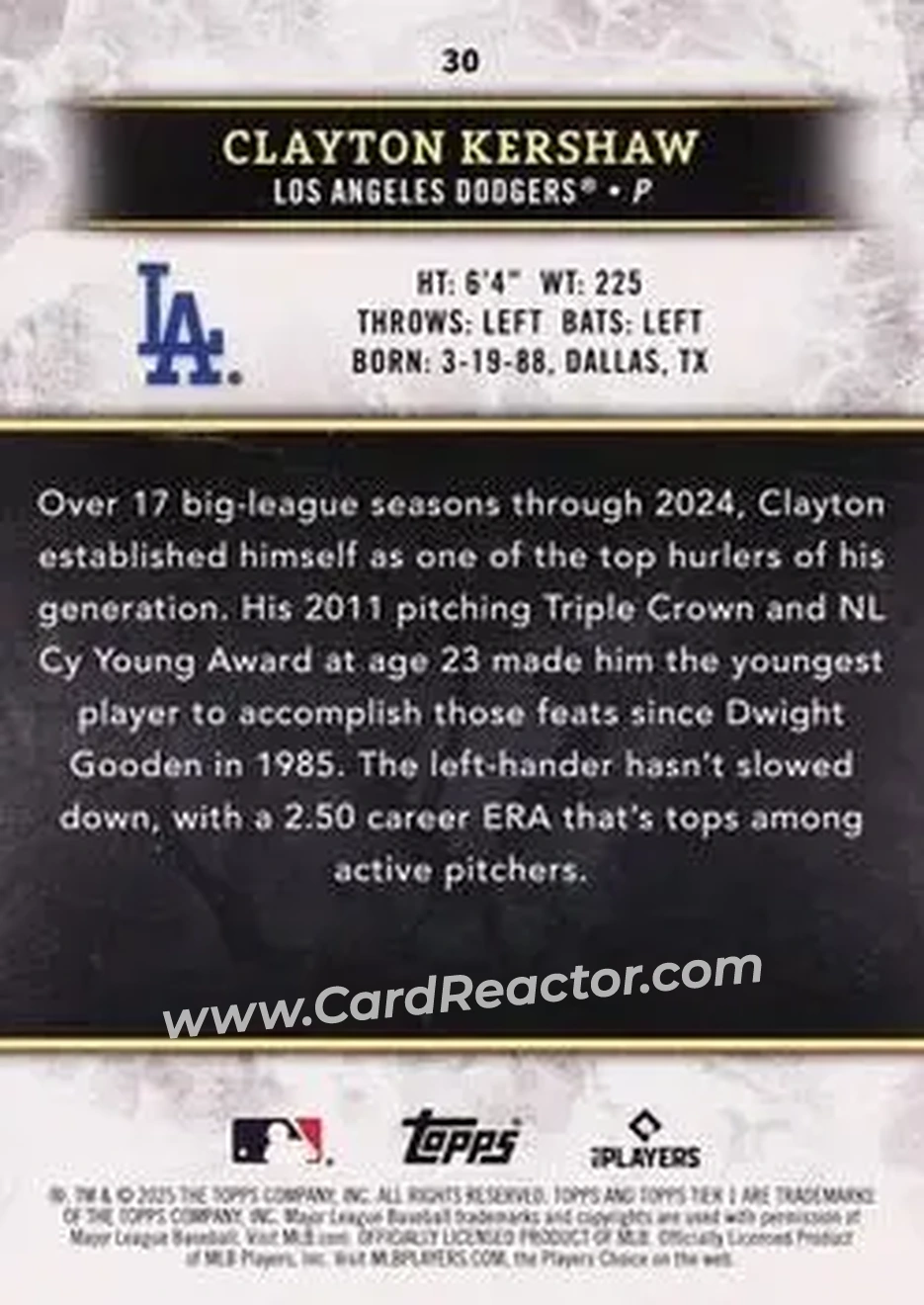 2025 Topps Tier One - Holo Platinum Blue Foil #30 - Clayton Kershaw - Los Angeles Dodgers - Back