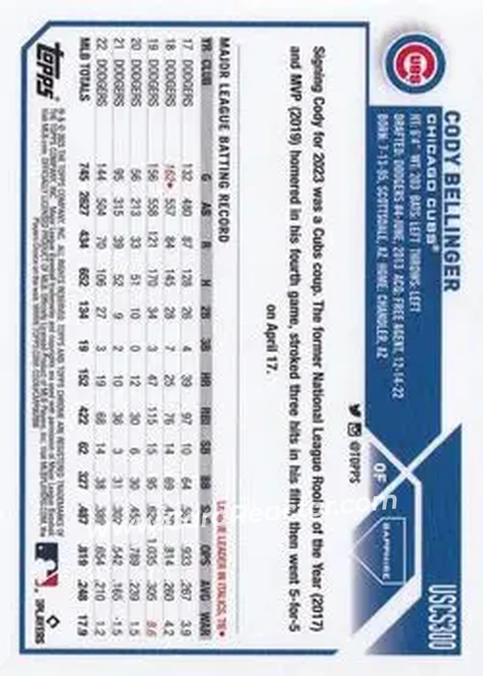 2023 Topps Chrome Update Sapphire Edition - Black #USCS300 - Cody Bellinger - Chicago Cubs - Back 2023 Topps Chrome Update Sapphire Edition - Black #USCS300 - Cody Bellinger - Chicago Cubs - Back