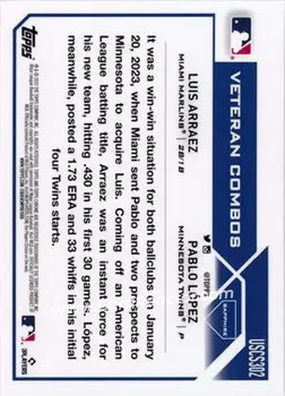 2023 Topps Chrome Update Sapphire Edition - Black #USCS302 - Pablo López - Luis Arraez SN10 - Minnesota Twins - Miami Marlins - Back