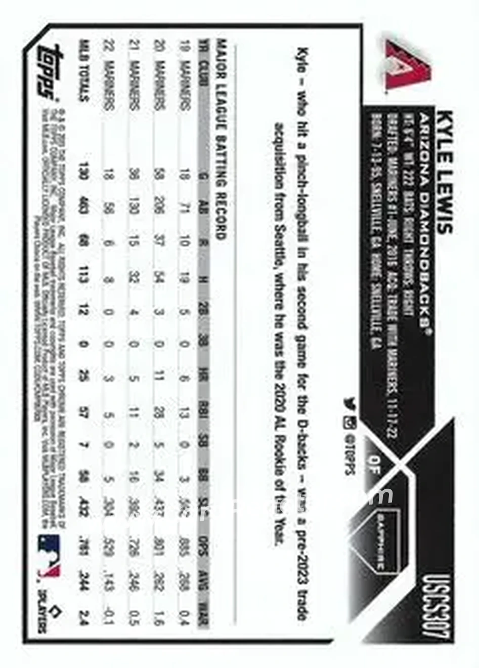 2023 Topps Chrome Update Sapphire Edition - Black #USCS307 - Kyle Lewis - Arizona Diamondbacks - Back