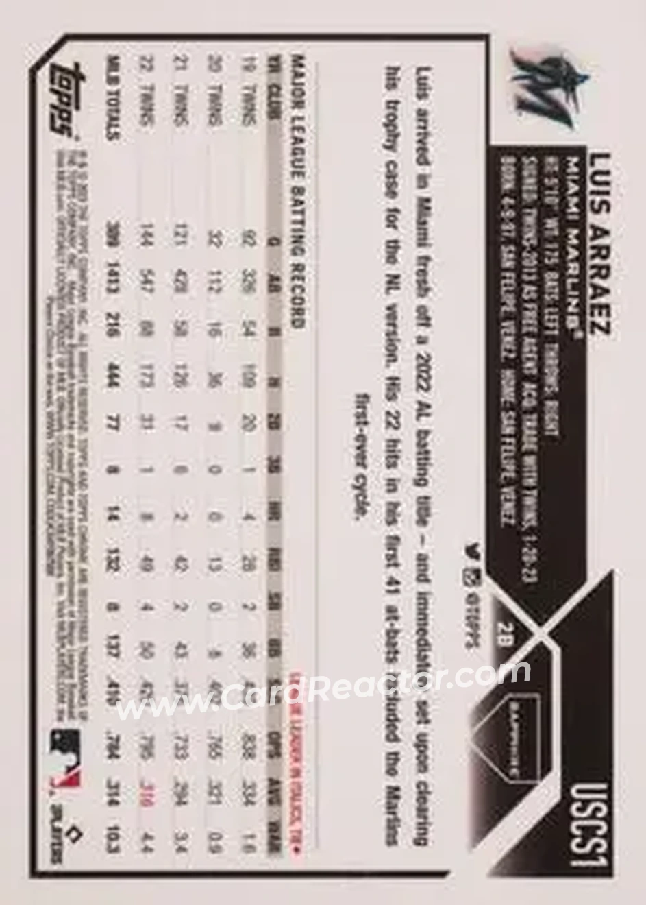 2023 Topps Chrome Update Sapphire Edition - Red #USCS1 - Luis Arraez - Miami Marlins - Back