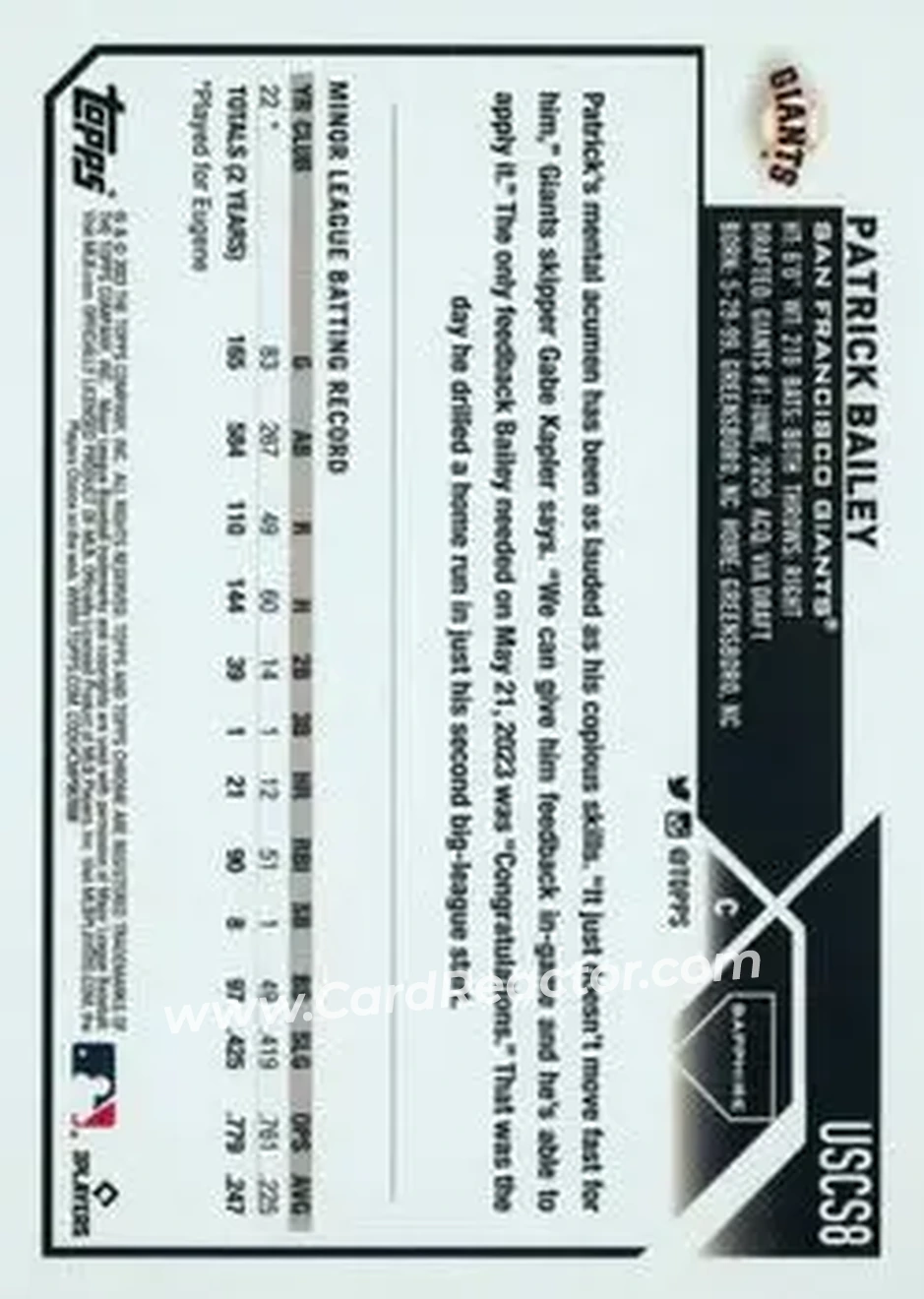2023 Topps Chrome Update Sapphire Edition - Red #USCS8 - Patrick Bailey - San Francisco Giants - Back 2023 Topps Chrome Update Sapphire Edition - Red #USCS8 - Patrick Bailey - San Francisco Giants - Back