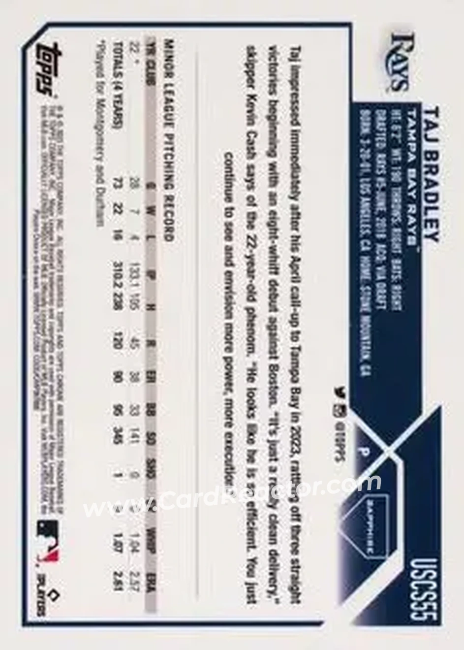 2023 Topps Chrome Update Sapphire Edition - Red #USCS55 - Taj Bradley - Tampa Bay Rays - Back 2023 Topps Chrome Update Sapphire Edition - Red #USCS55 - Taj Bradley - Tampa Bay Rays - Back