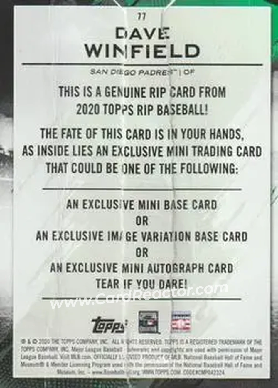 2020 Topps Rip - Black #77 - Dave Winfield - San Diego Padres - Back 2020 Topps Rip - Black #77 - Dave Winfield - San Diego Padres - Back