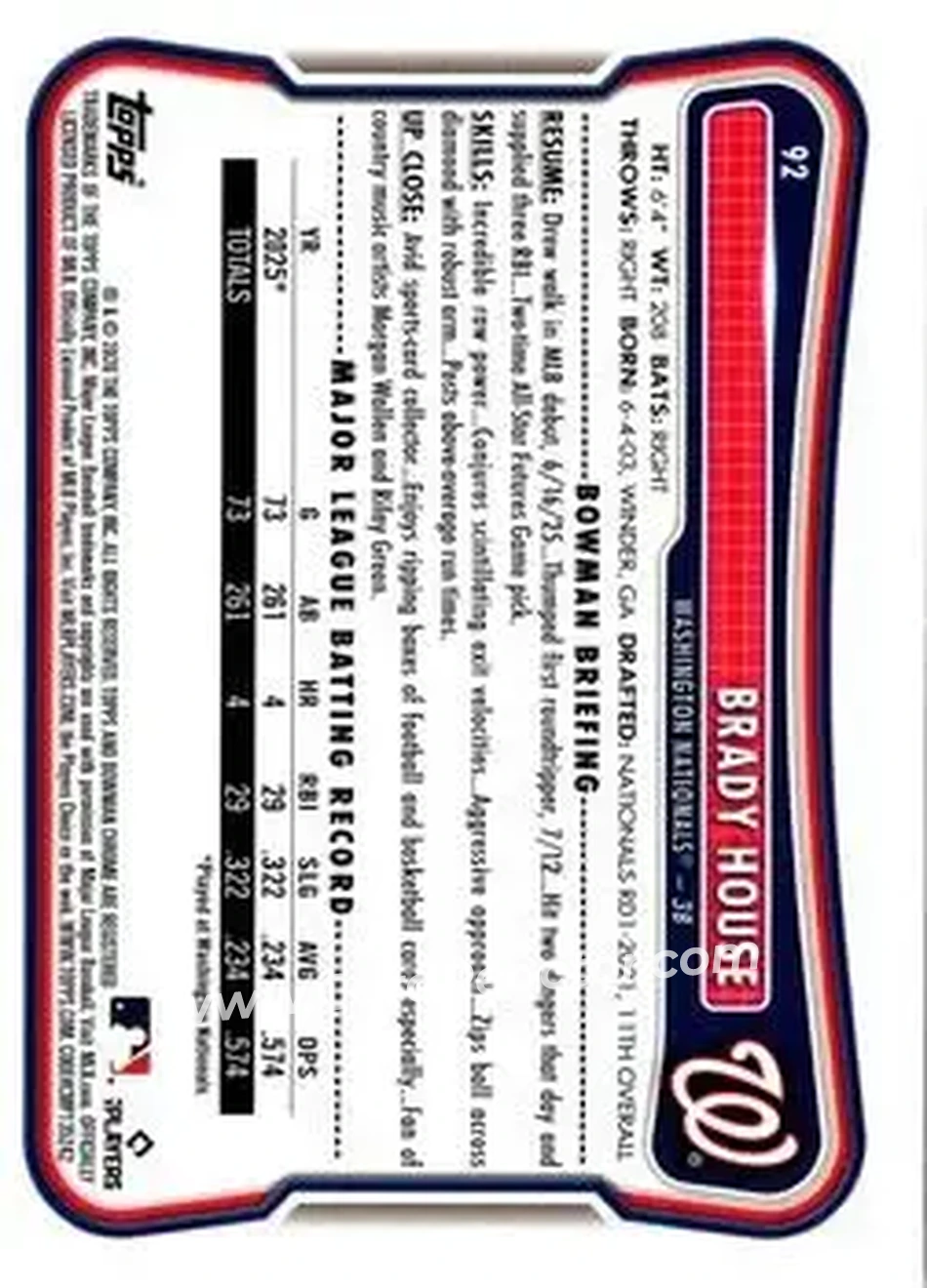 2026 Bowman - Sky Blue #92 - Brady House - Washington Nationals - Back 2026 Bowman - Sky Blue #92 - Brady House - Washington Nationals - Back