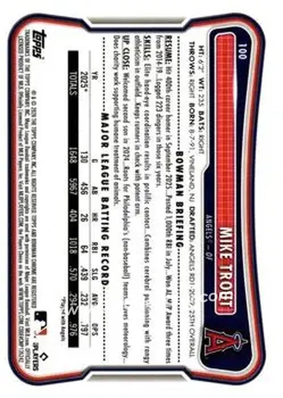 2026 Bowman - Sky Blue #100 - Mike Trout - Los Angeles Angels - Back