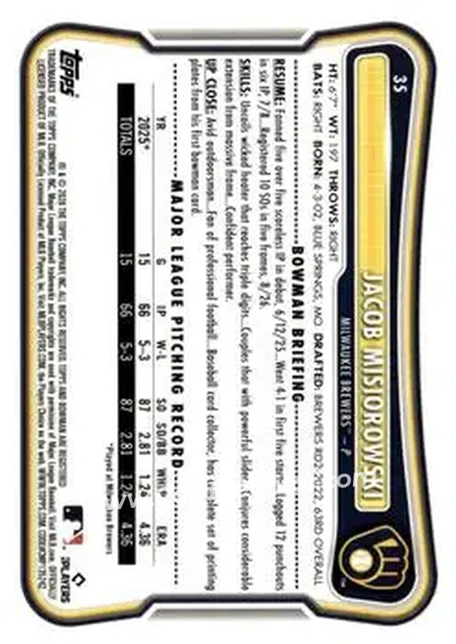 2026 Bowman - Yellow #35 - Jacob Misiorowski - Milwaukee Brewers - Back