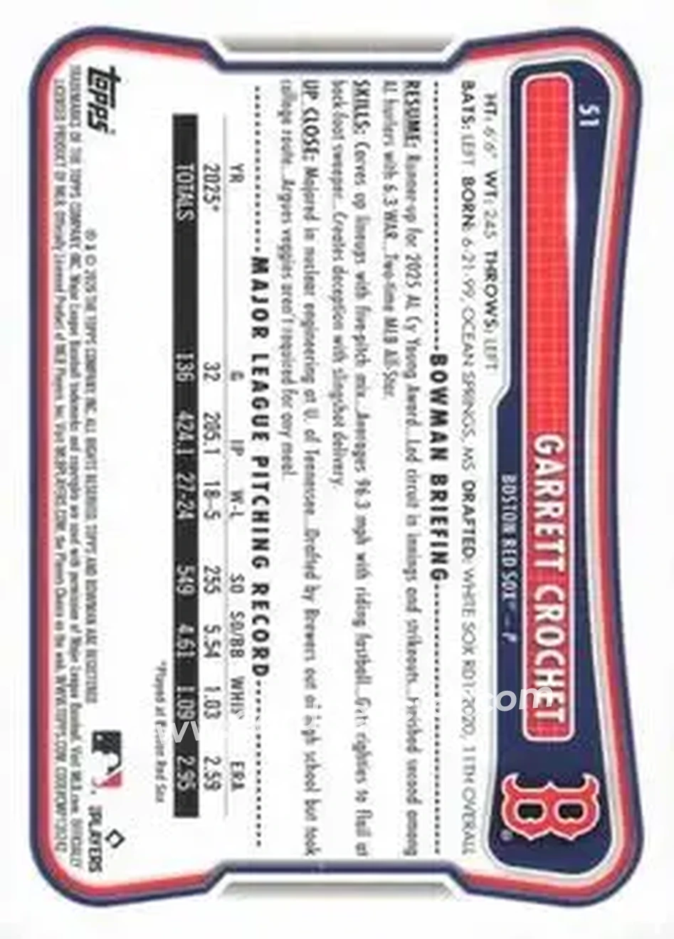 2026 Bowman - Yellow #51 - Garrett Crochet - Boston Red Sox - Back 2026 Bowman - Yellow #51 - Garrett Crochet - Boston Red Sox - Back