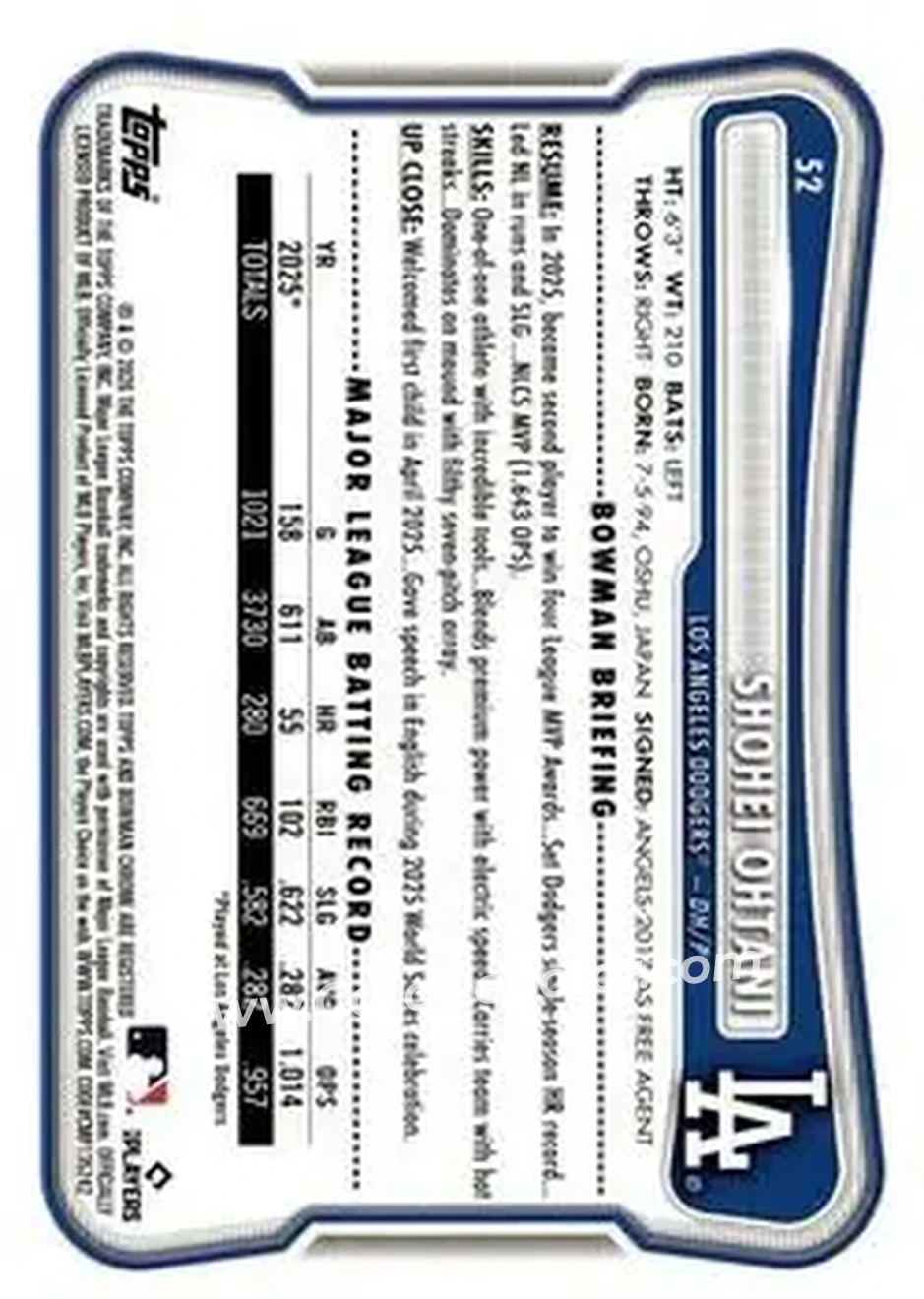 2026 Bowman - Yellow #52 - Shohei Ohtani - Los Angeles Dodgers - Back