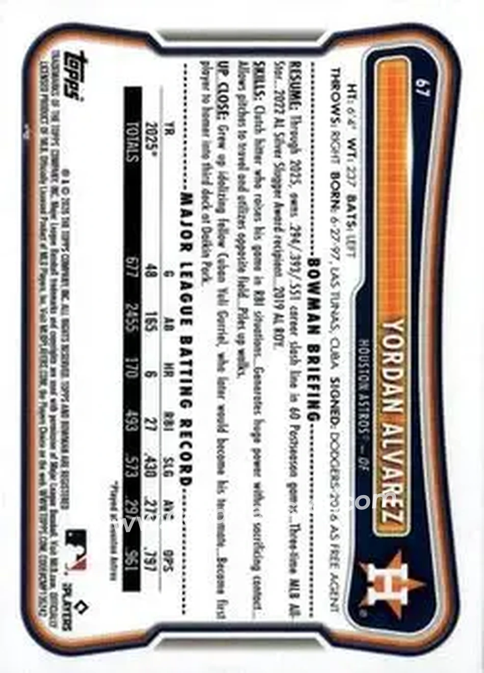2026 Bowman - Yellow #67 - Yordan Alvarez - Houston Astros - Back