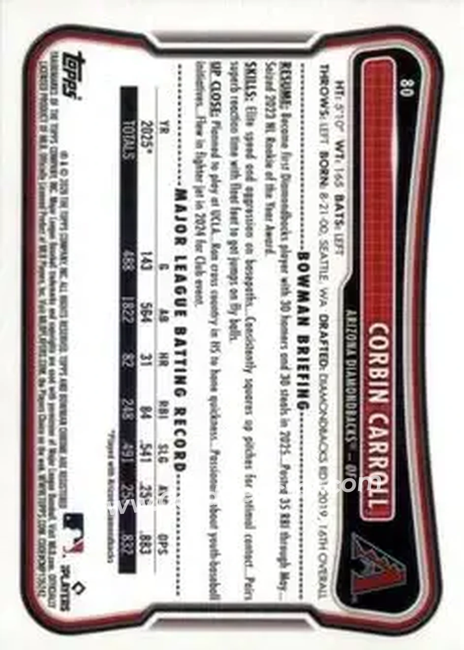 2026 Bowman - Yellow #80 - Corbin Carroll - Arizona Diamondbacks - Back 2026 Bowman - Yellow #80 - Corbin Carroll - Arizona Diamondbacks - Back