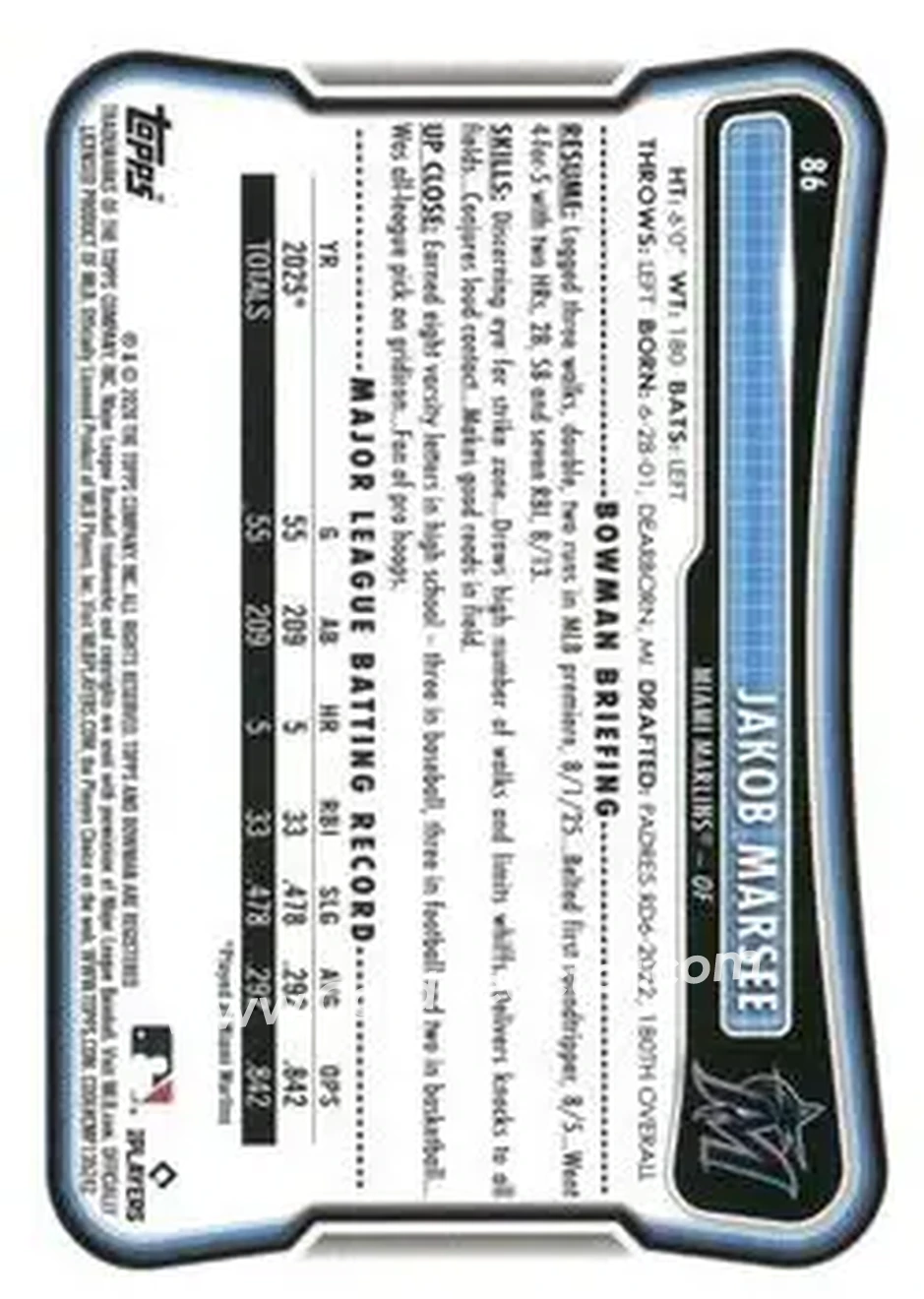 2026 Bowman - Yellow #86 - Jakob Marsee - Miami Marlins - Back 2026 Bowman - Yellow #86 - Jakob Marsee - Miami Marlins - Back