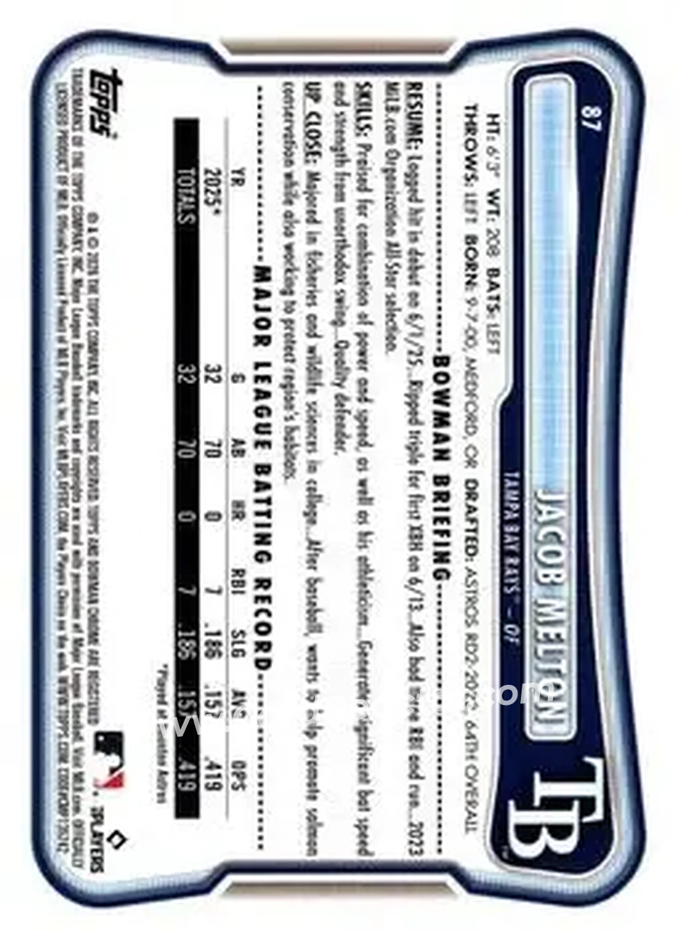 2026 Bowman - Yellow #87 - Jacob Melton - Tampa Bay Rays - Back