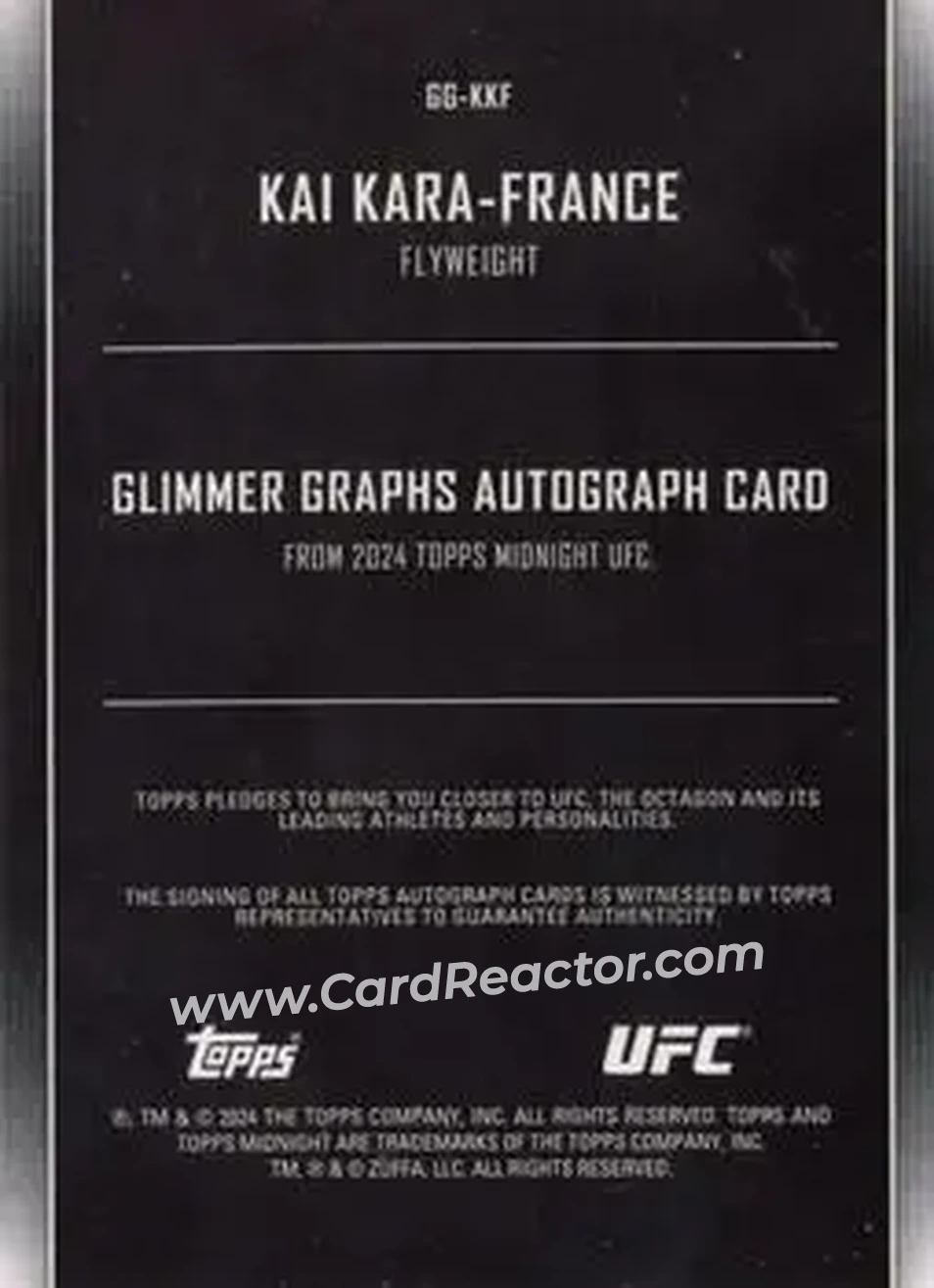 2024 Topps Midnight UFC - Glimmer Graphs Twilight #GG-KKF - Kai Kara-France - Back 2024 Topps Midnight UFC - Glimmer Graphs Twilight #GG-KKF - Kai Kara-France - Back