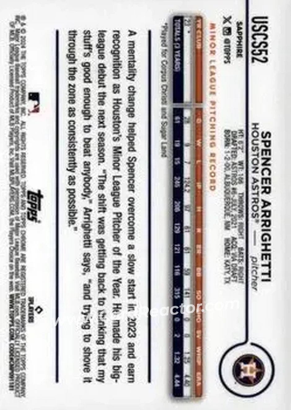 2024 Topps Chrome Update Sapphire Edition - Orange Sapphire #USCS52 - Spencer Arrighetti - Houston Astros - Back 2024 Topps Chrome Update Sapphire Edition - Orange Sapphire #USCS52 - Spencer Arrighetti - Houston Astros - Back