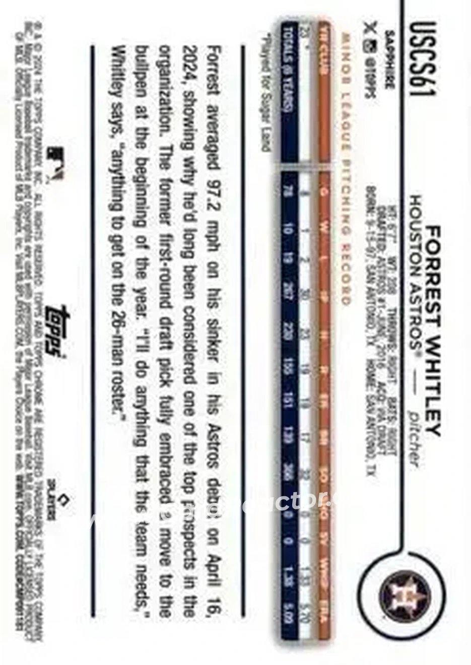 2024 Topps Chrome Update Sapphire Edition - Orange Sapphire #USCS61 - Forrest Whitley - Houston Astros - Back