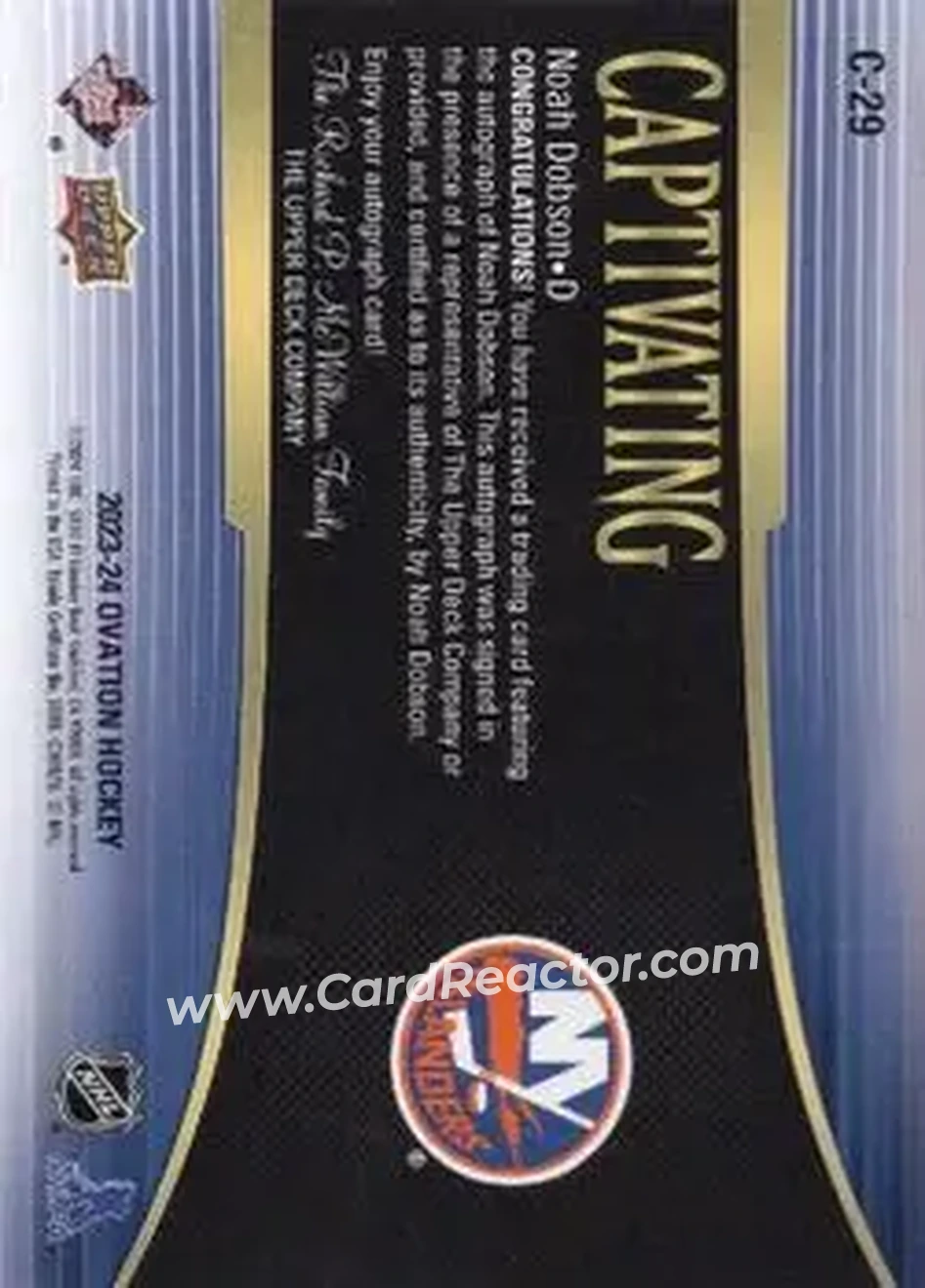 2023-24 Upper Deck Ovation - Captivating Auto #C-29 - Noah Dobson - New York Islanders - Back 2023-24 Upper Deck Ovation - Captivating Auto #C-29 - Noah Dobson - New York Islanders - Back