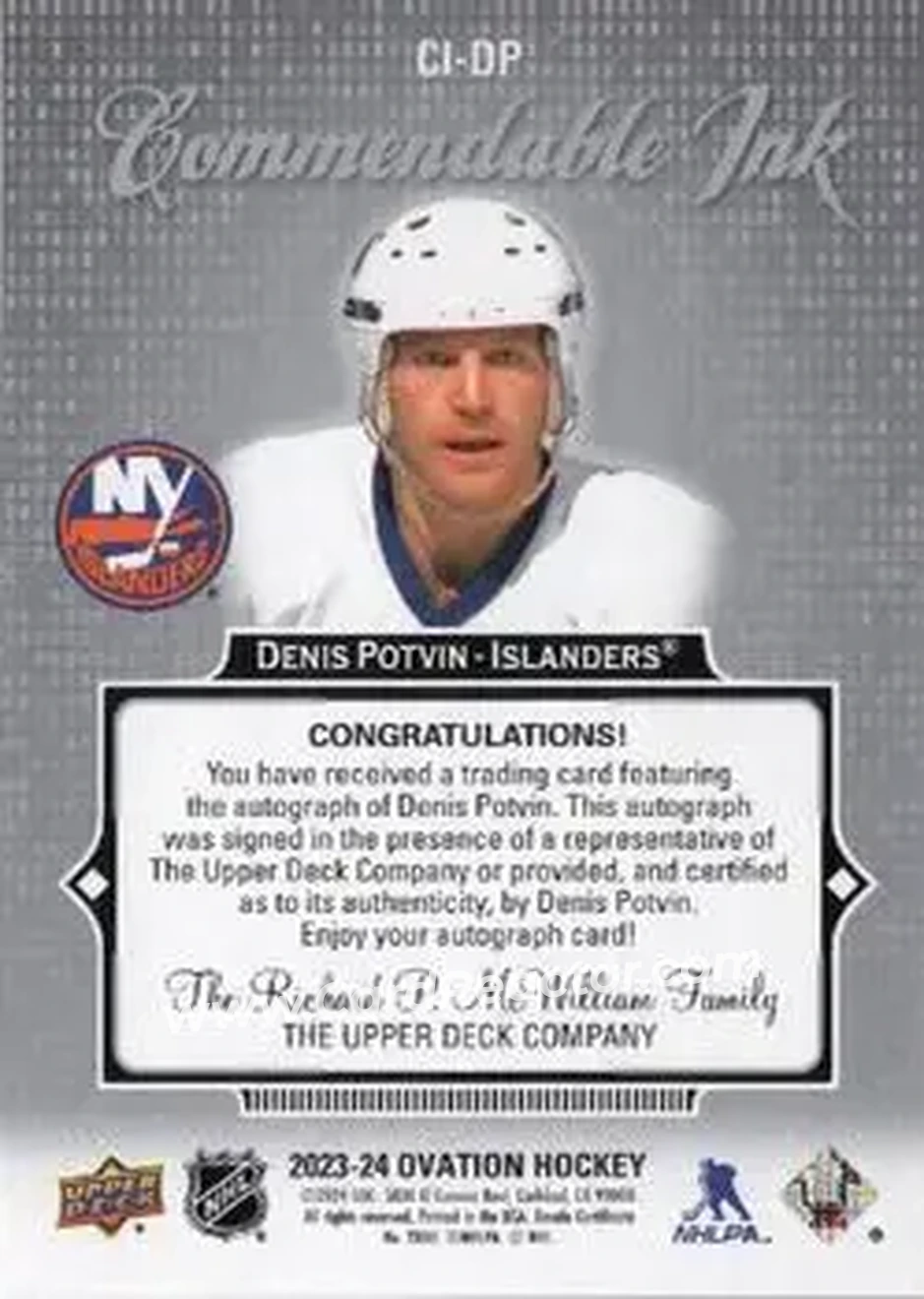 2023-24 Upper Deck Ovation - Commendable Ink #CI-DP - Denis Potvin - New York Islanders - Back