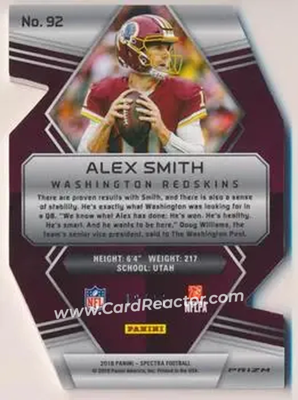 2018 Panini Spectra - Neon Blue Die Cut #92 - Alex Smith - Washington Redskins - Back