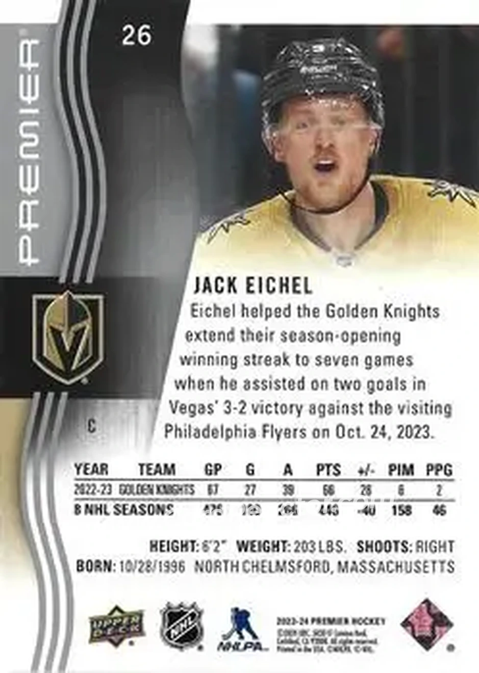 2023-24 Upper Deck Premier #26 - Jack Eichel - Vegas Golden Knights - Back 2023-24 Upper Deck Premier #26 - Jack Eichel - Vegas Golden Knights - Back