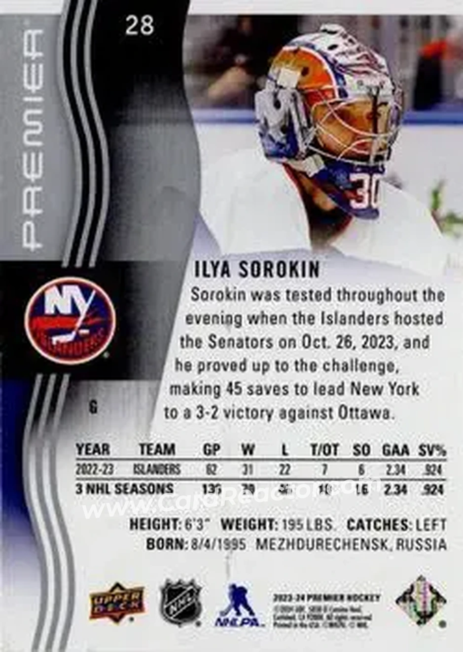 2023-24 Upper Deck Premier #28 - Ilya Sorokin - New York Islanders - Back