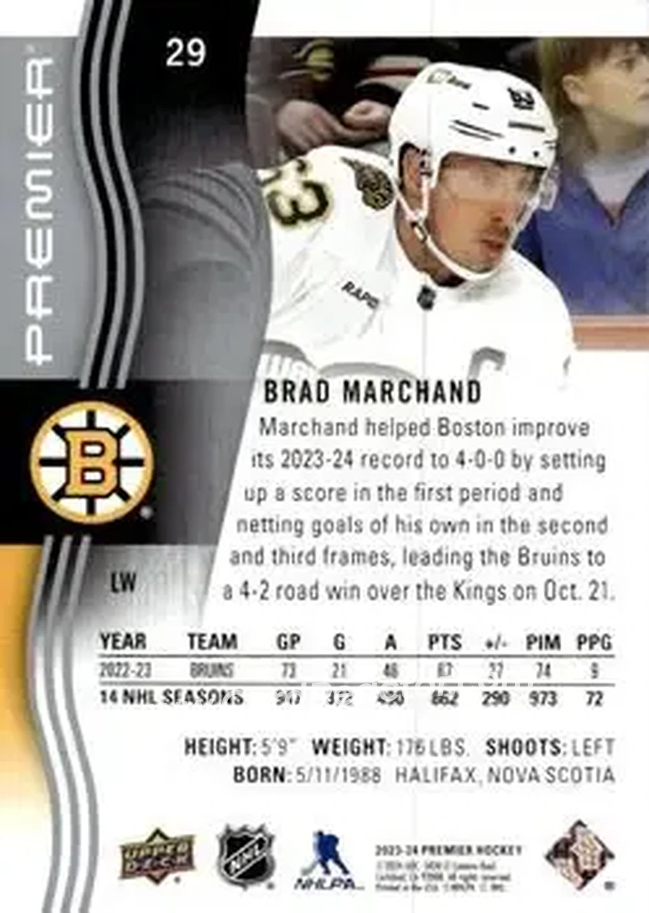 2023-24 Upper Deck Premier #29 - Brad Marchand - Boston Bruins - Back