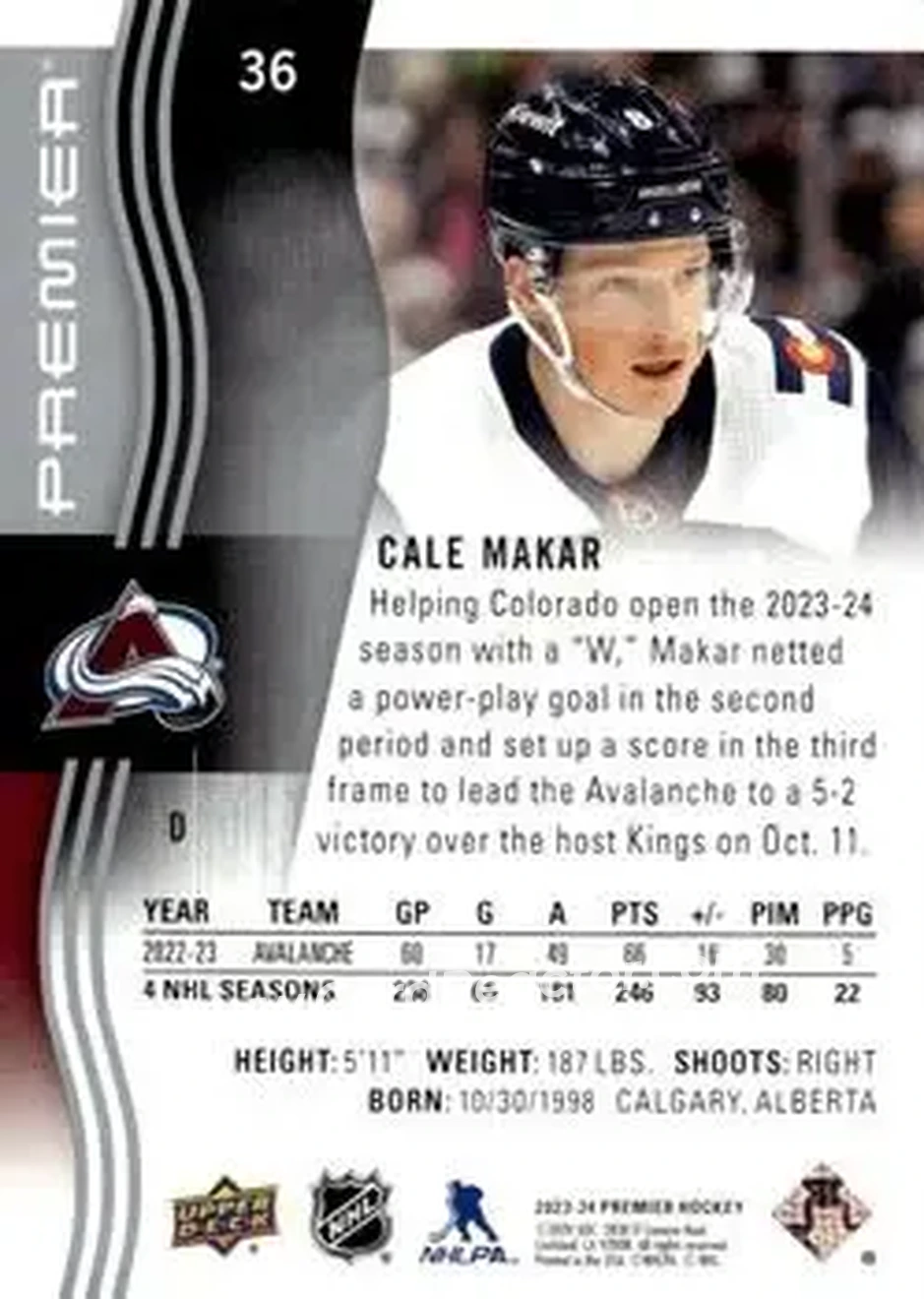 2023-24 Upper Deck Premier #36 - Cale Makar - Colorado Avalanche - Back