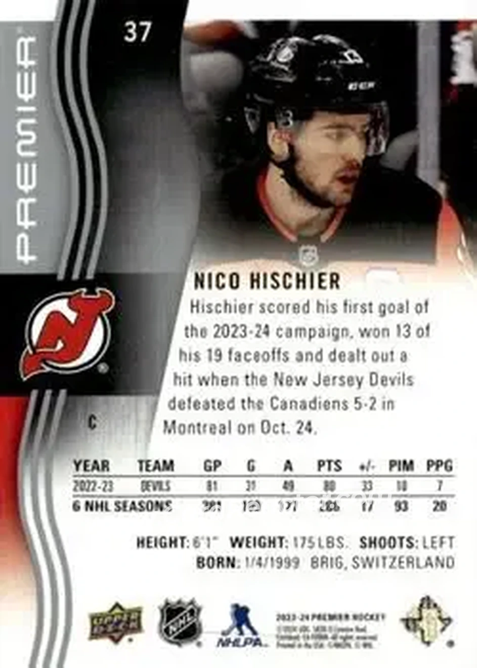 2023-24 Upper Deck Premier #37 - Nico Hischier - New Jersey Devils - Back