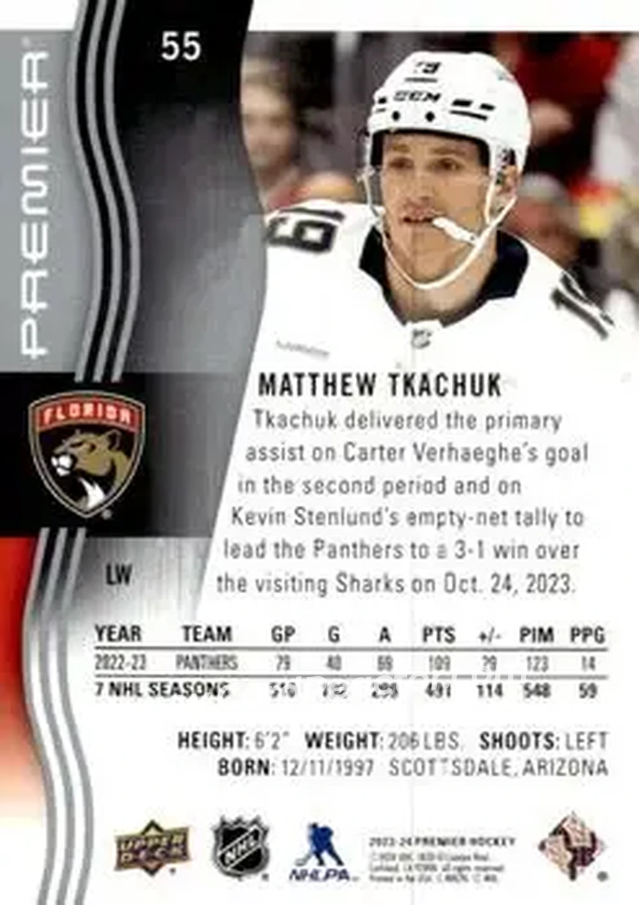 2023-24 Upper Deck Premier #55 - Matthew Tkachuk - Florida Panthers - Back