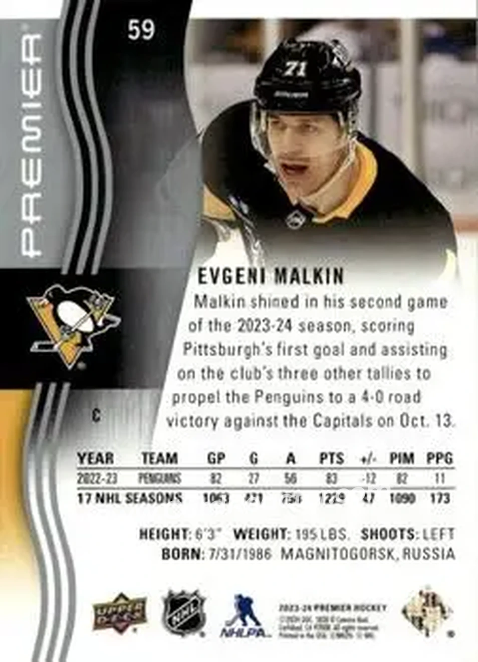 2023-24 Upper Deck Premier #59 - Evgeni Malkin - Pittsburgh Penguins - Back