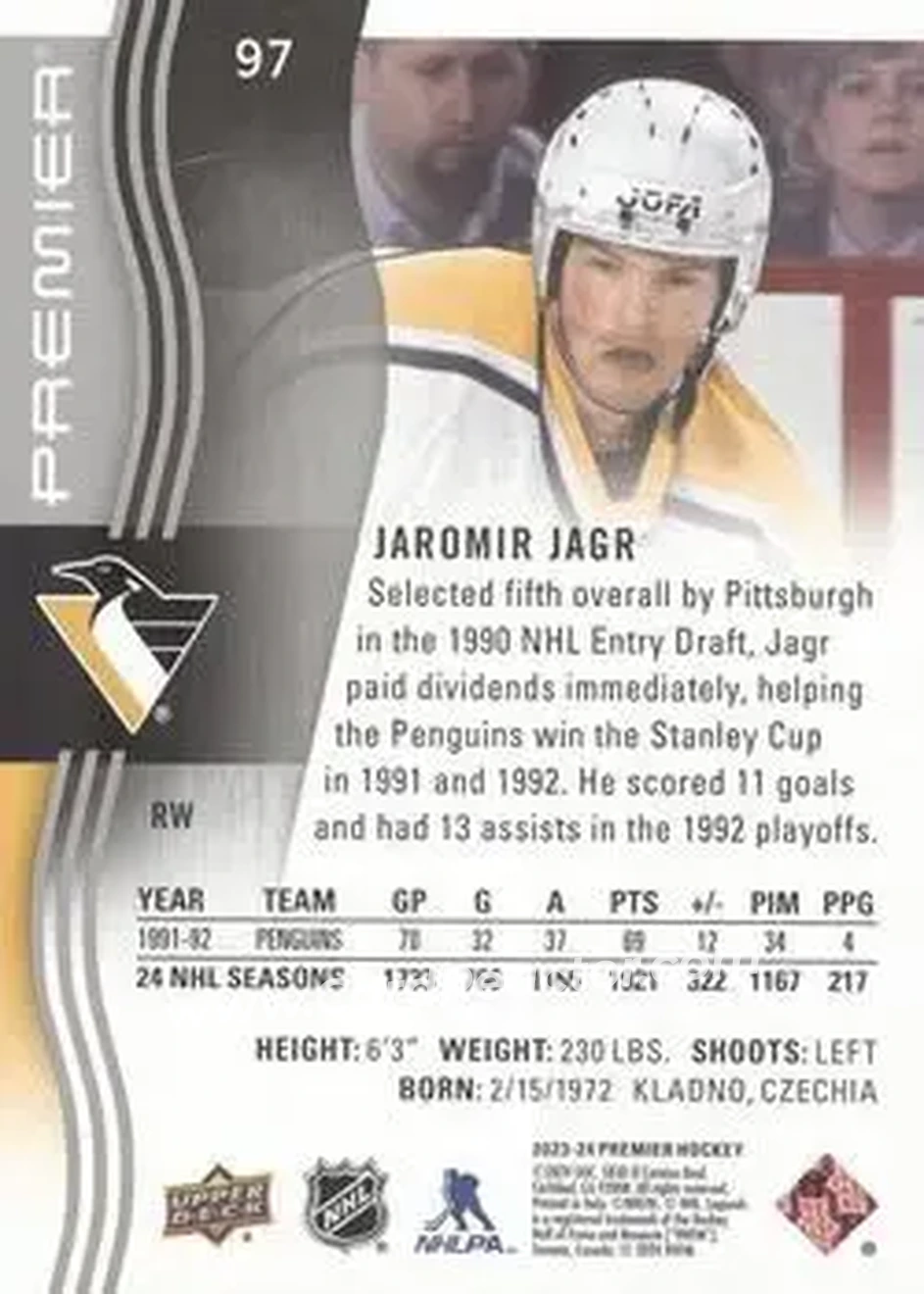 2023-24 Upper Deck Premier #97 - Jaromir Jagr - Pittsburgh Penguins - Back 2023-24 Upper Deck Premier #97 - Jaromir Jagr - Pittsburgh Penguins - Back