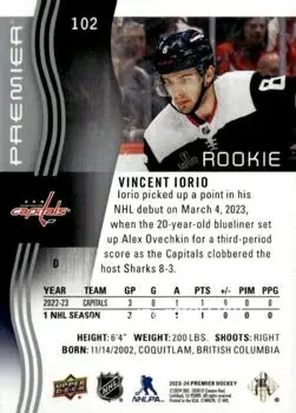 2023-24 Upper Deck Premier #102 - Vincent Iorio - Washington Capitals - Back