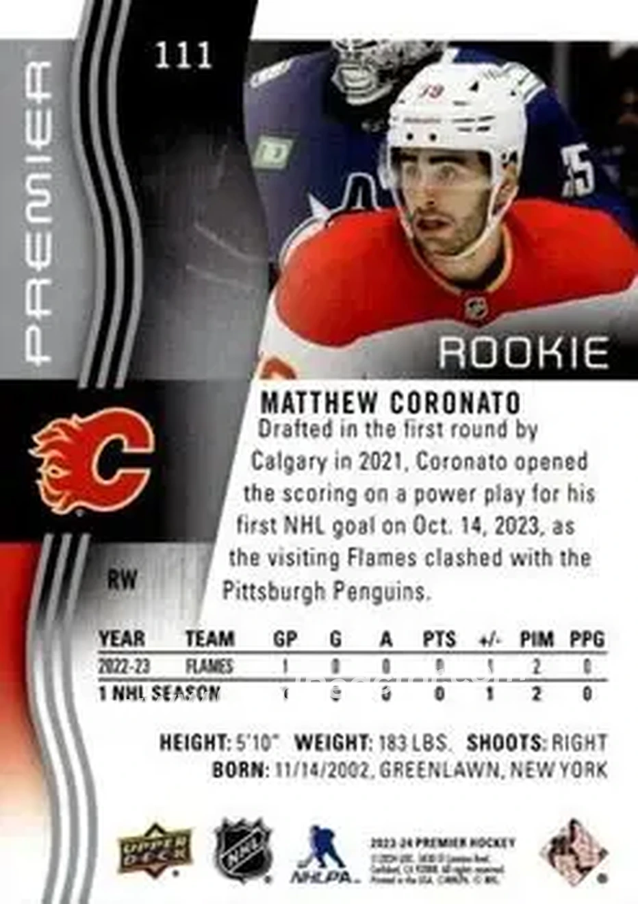 2023-24 Upper Deck Premier #111 - Matt Coronato - Calgary Flames - Back