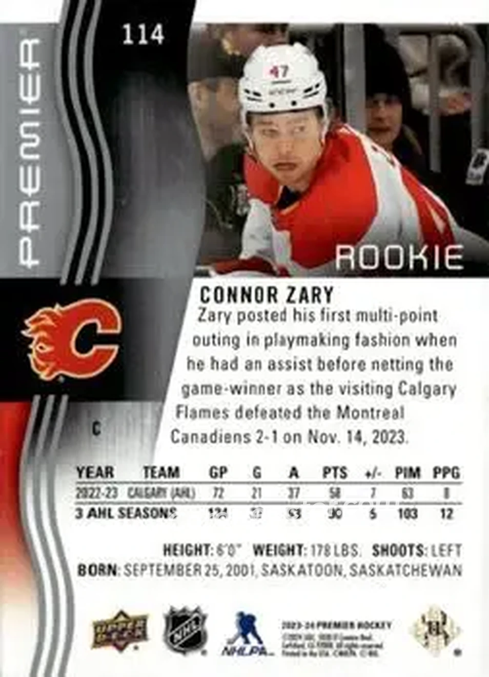 2023-24 Upper Deck Premier #114 - Connor Zary - Calgary Flames - Back 2023-24 Upper Deck Premier #114 - Connor Zary - Calgary Flames - Back