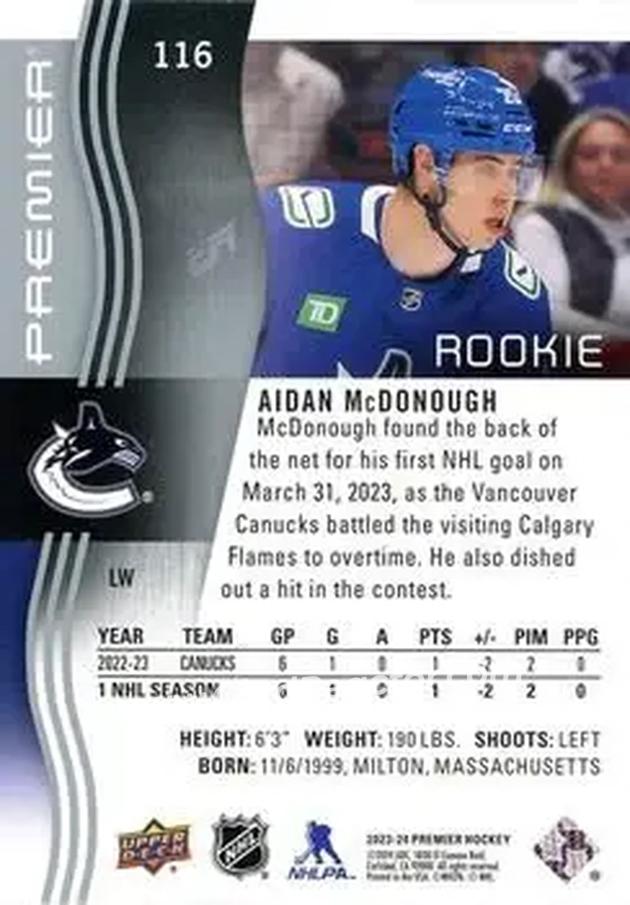 2023-24 Upper Deck Premier #116 - Aidan McDonough - Vancouver Canucks - Back