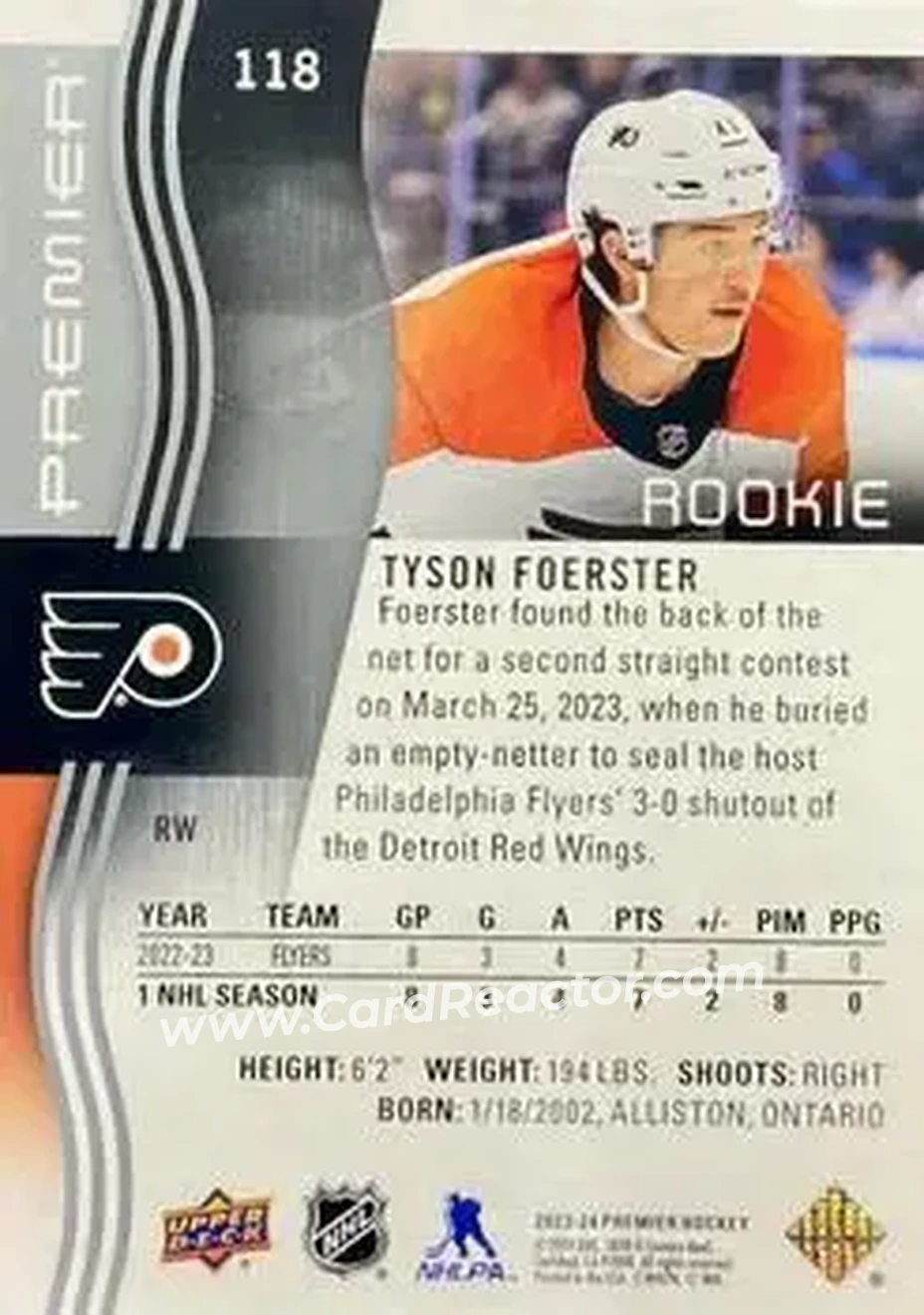 2023-24 Upper Deck Premier #118 - Tyson Foerster - Philadelphia Flyers - Back 2023-24 Upper Deck Premier #118 - Tyson Foerster - Philadelphia Flyers - Back