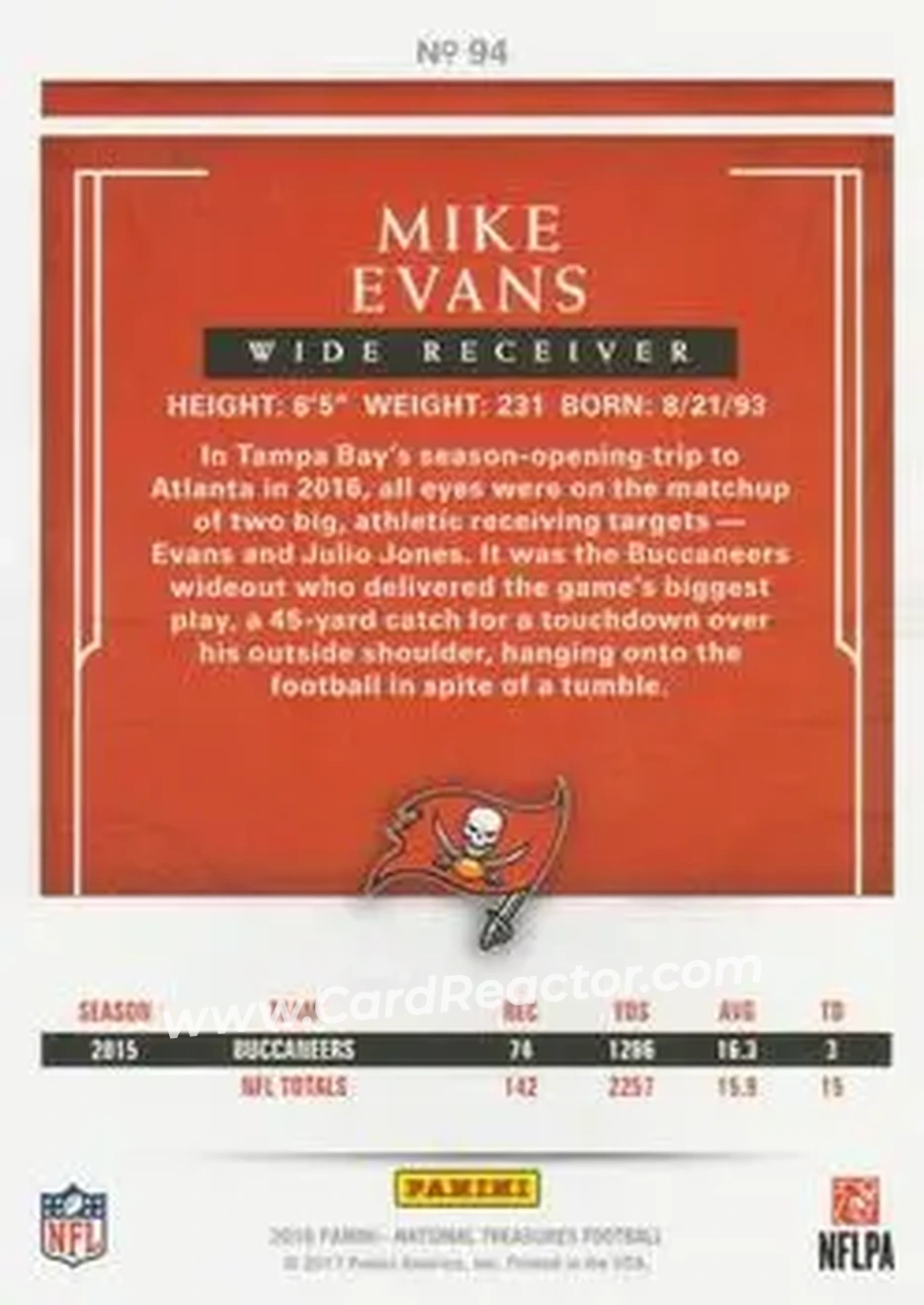 2016 Panini National Treasures - Holo Silver #94 - Mike Evans - Tampa Bay Buccaneers - Back