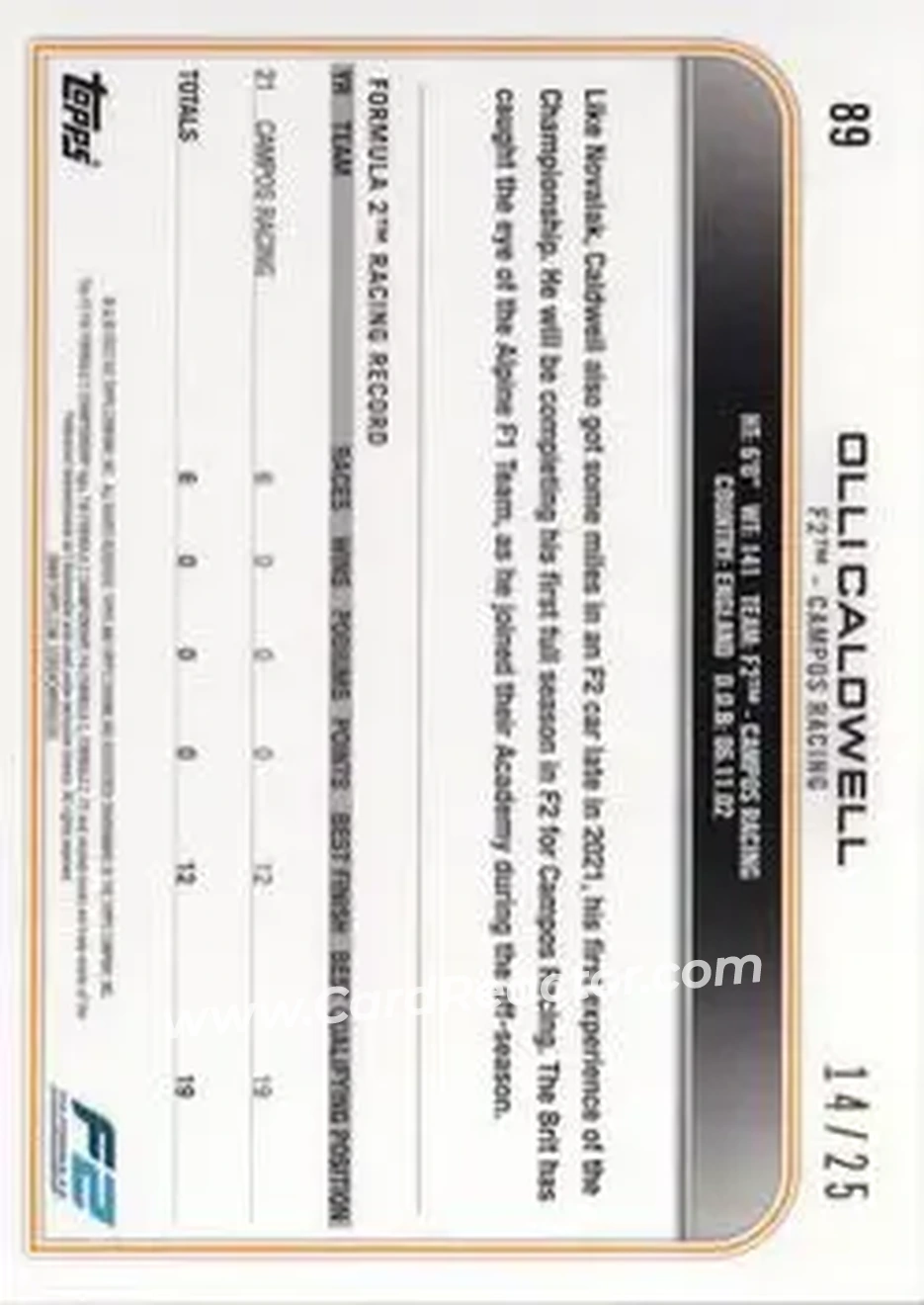 2022 Topps Chrome Sapphire Edition Formula 1 - Orange #89 - Olli Caldwell - Campos Racing F2 - Back 2022 Topps Chrome Sapphire Edition Formula 1 - Orange #89 - Olli Caldwell - Campos Racing F2 - Back