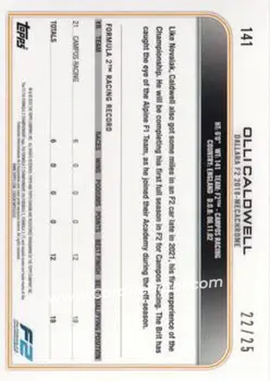 2022 Topps Chrome Sapphire Edition Formula 1 - Orange #141 - Olli Caldwell - Campos Racing F2 - Back 2022 Topps Chrome Sapphire Edition Formula 1 - Orange #141 - Olli Caldwell - Campos Racing F2 - Back