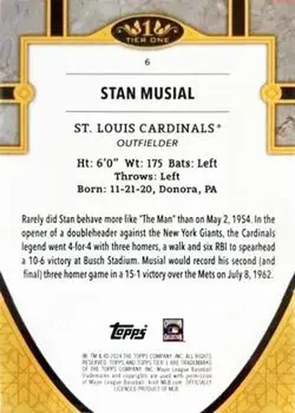 2024 Topps Tier One - Holo Silver Foil #6 - Stan Musial - St. Louis Cardinals - Back 2024 Topps Tier One - Holo Silver Foil #6 - Stan Musial - St. Louis Cardinals - Back