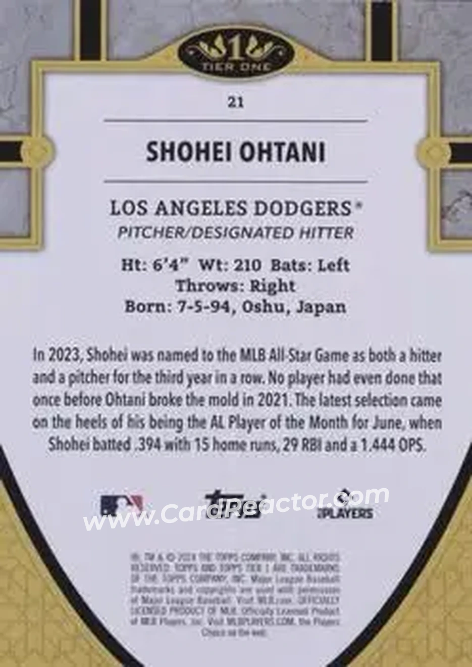 2024 Topps Tier One - Holo Silver Foil #21 - Shohei Ohtani - Los Angeles Dodgers - Back