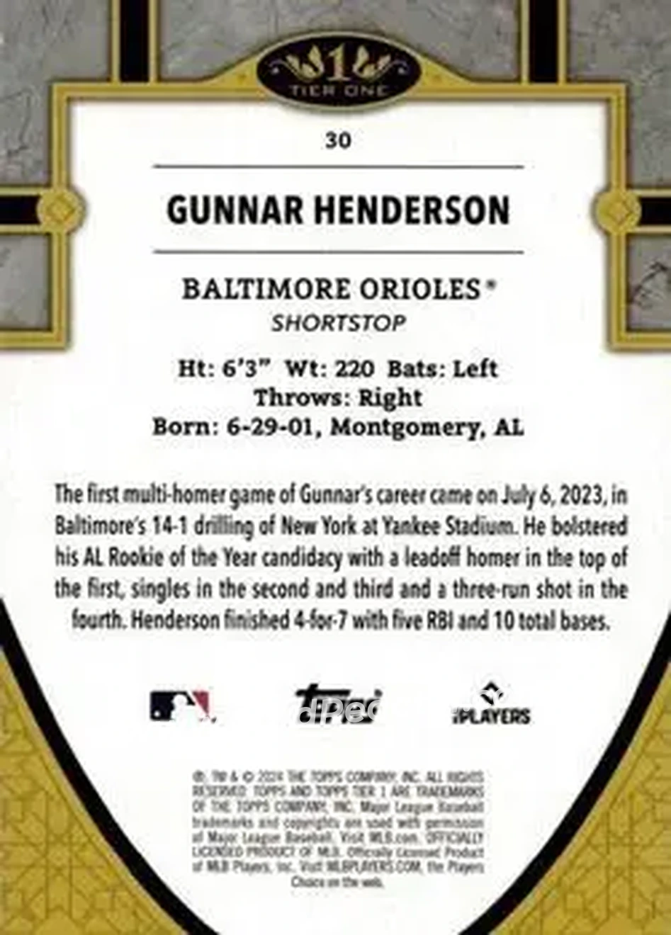 2024 Topps Tier One - Holo Silver Foil #30 - Gunnar Henderson - Baltimore Orioles - Back