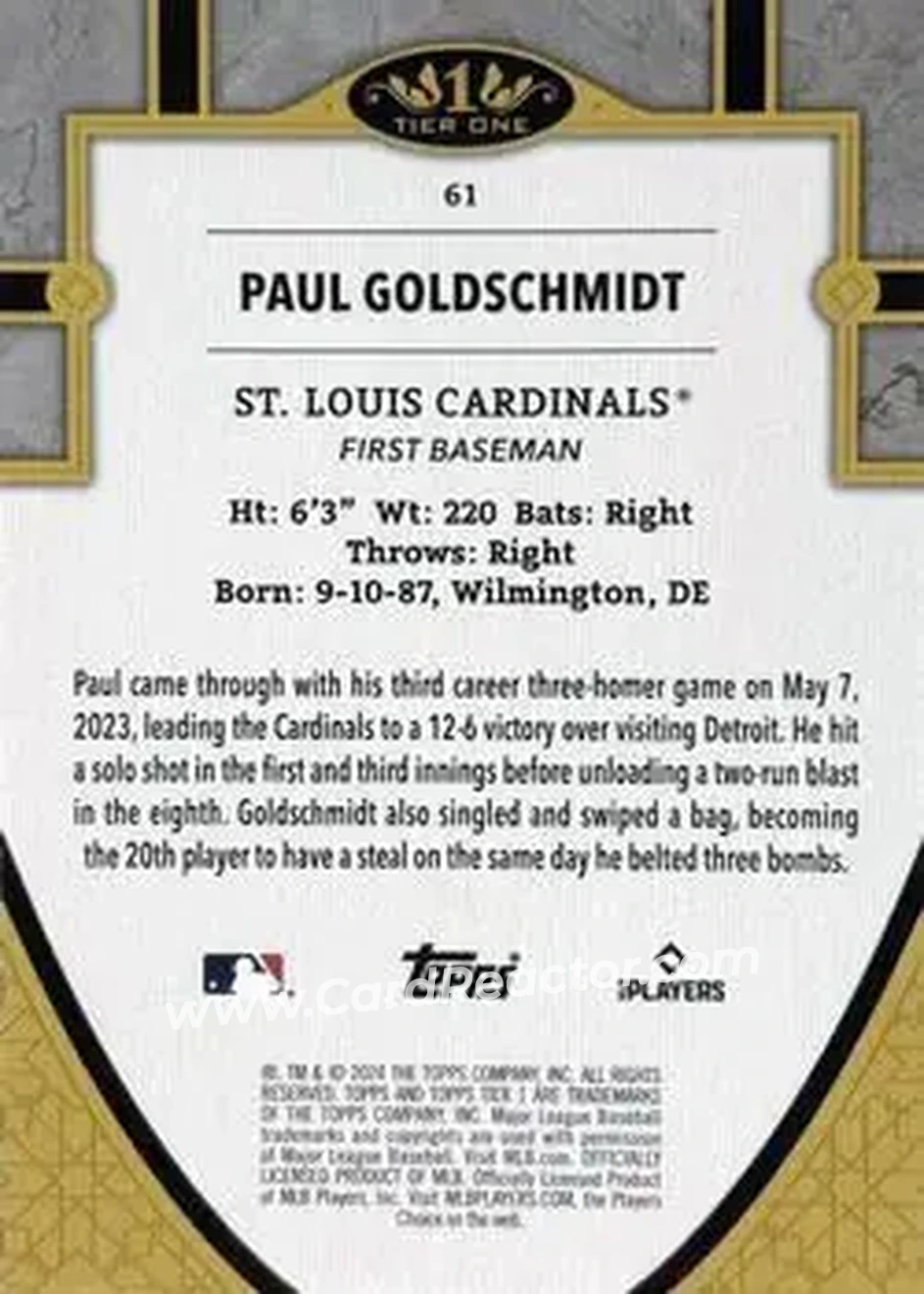 2024 Topps Tier One - Holo Silver Foil #61 - Paul Goldschmidt - St. Louis Cardinals - Back