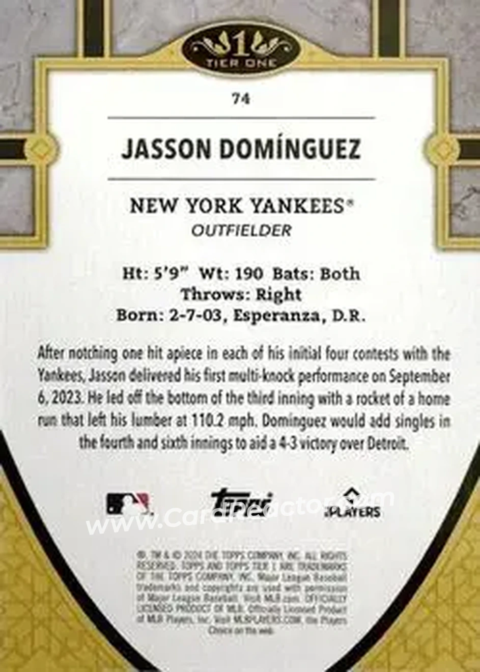 2024 Topps Tier One - Holo Silver Foil #74 - Jasson Domínguez - New York Yankees - Back