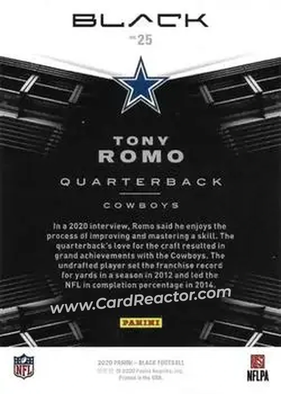 2020 Panini Black - Silver #25 - Tony Romo - Dallas Cowboys - Back