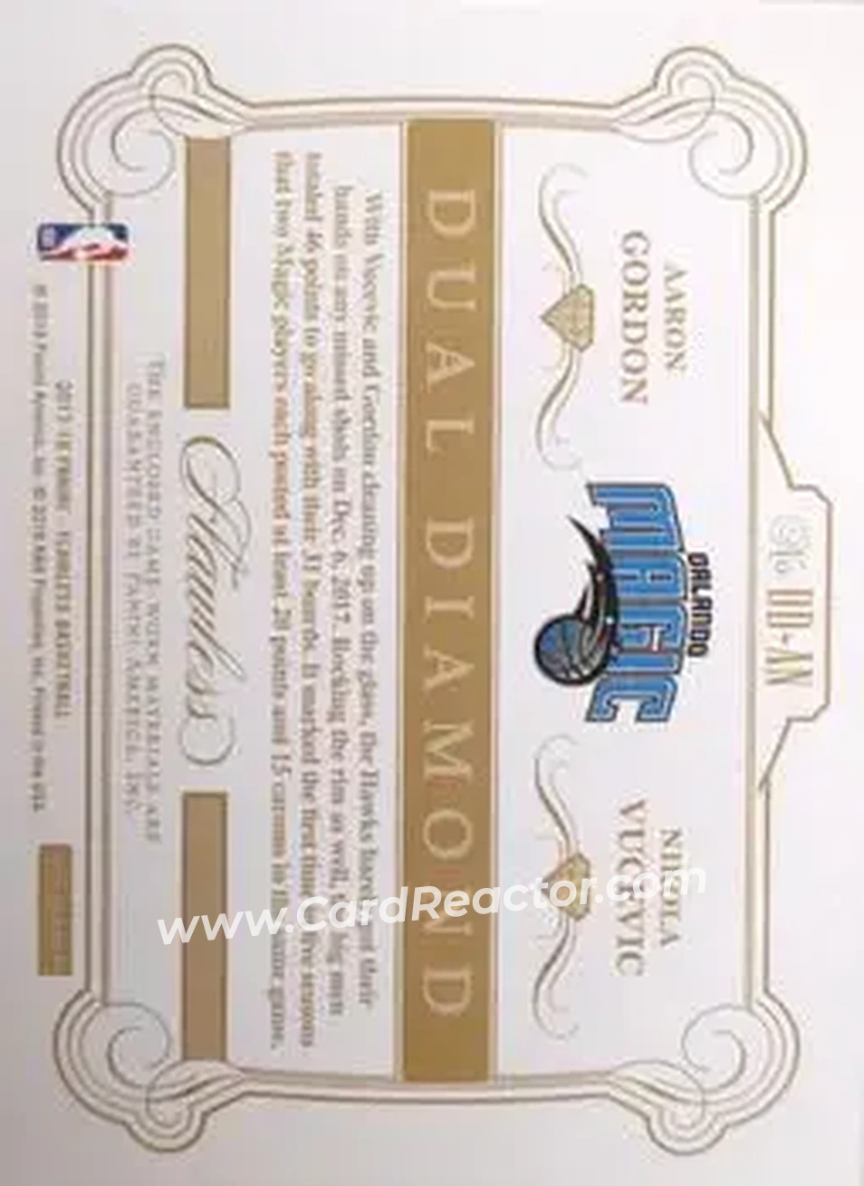 2017-18 Panini Flawless - Dual Diamond Memorabilia #DD-AN - Nikola Vucevic - Aaron Gordon MEM, SN25 - Orlando Magic - Orlando Magic - Back