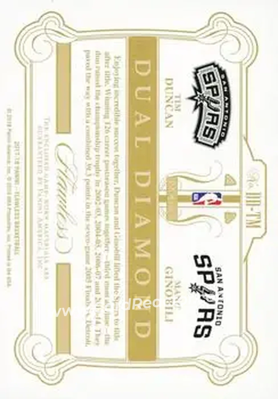 2017-18 Panini Flawless - Dual Diamond Memorabilia Green #DD-TM - Manu Ginobili - Tim Duncan MEM, SN5 - San Antonio Spurs - San Antonio Spurs - Back