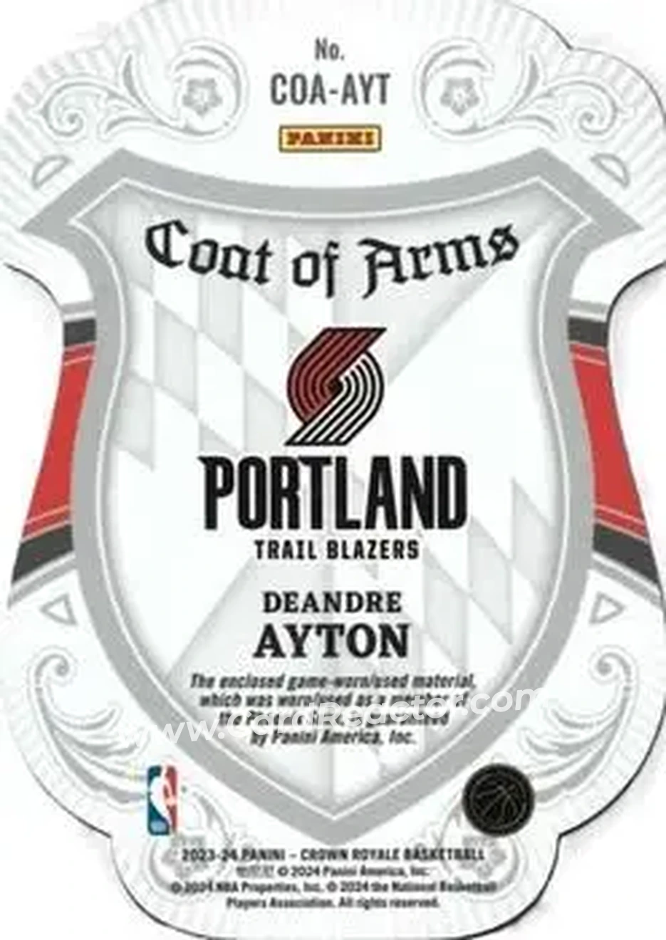 2023-24 Panini Crown Royale - Coat of Arms #COA-AYT - Deandre Ayton - Portland Trail Blazers - Back